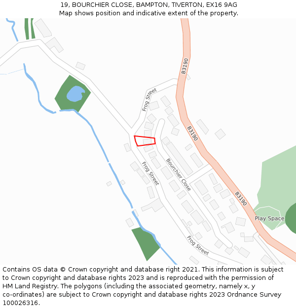 19, BOURCHIER CLOSE, BAMPTON, TIVERTON, EX16 9AG: Location map and indicative extent of plot