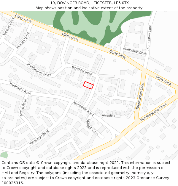 19, BOVINGER ROAD, LEICESTER, LE5 0TX: Location map and indicative extent of plot