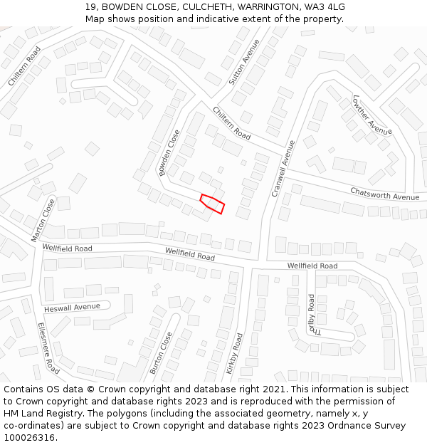 19, BOWDEN CLOSE, CULCHETH, WARRINGTON, WA3 4LG: Location map and indicative extent of plot