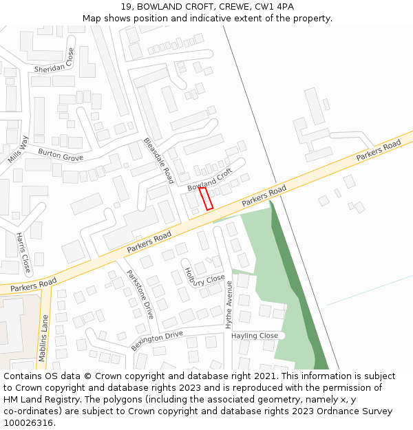 19, BOWLAND CROFT, CREWE, CW1 4PA: Location map and indicative extent of plot