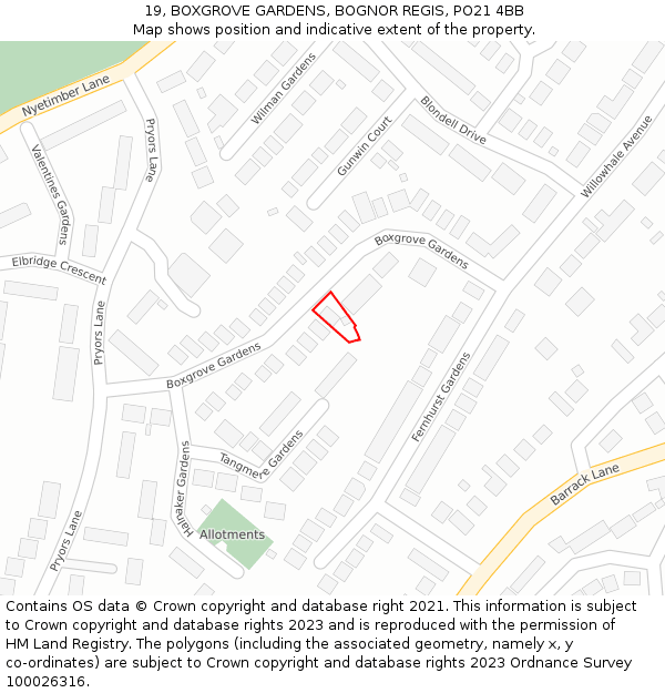 19, BOXGROVE GARDENS, BOGNOR REGIS, PO21 4BB: Location map and indicative extent of plot