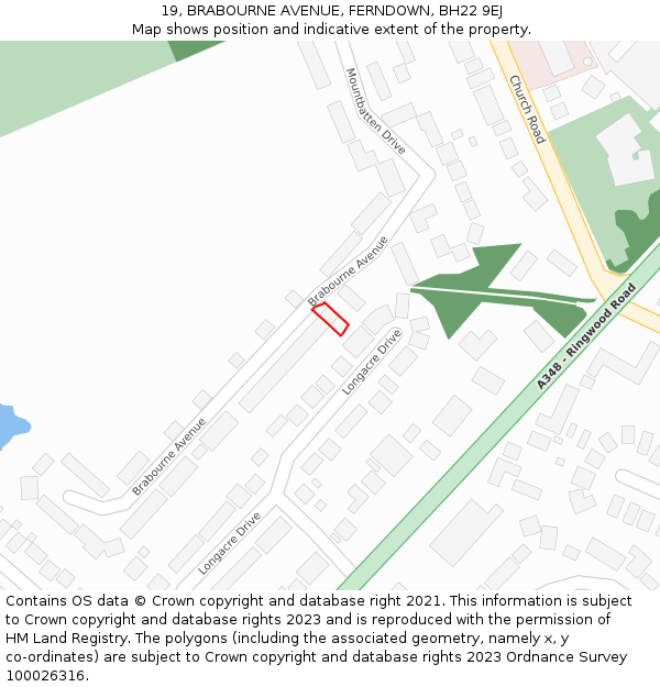 19, BRABOURNE AVENUE, FERNDOWN, BH22 9EJ: Location map and indicative extent of plot