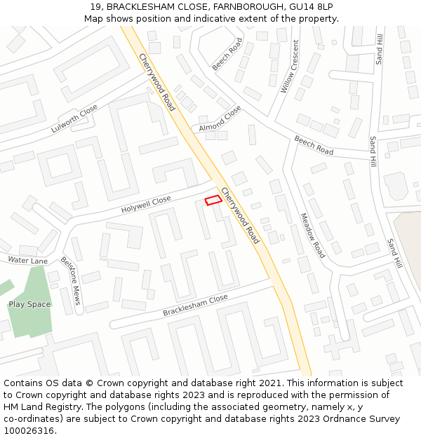 19, BRACKLESHAM CLOSE, FARNBOROUGH, GU14 8LP: Location map and indicative extent of plot