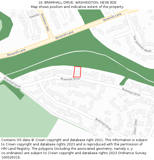 19, BRAMHALL DRIVE, WASHINGTON, NE38 9DE: Location map and indicative extent of plot