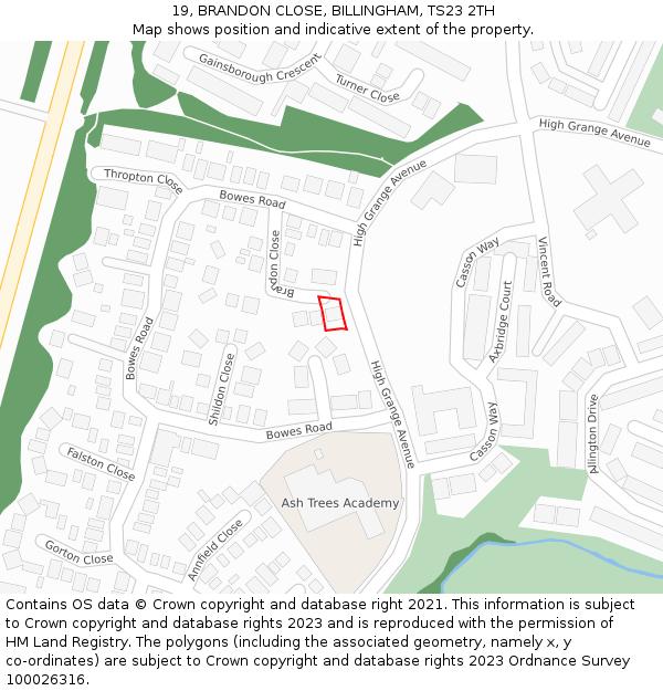 19, BRANDON CLOSE, BILLINGHAM, TS23 2TH: Location map and indicative extent of plot