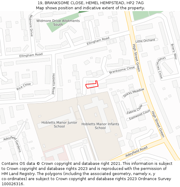 19, BRANKSOME CLOSE, HEMEL HEMPSTEAD, HP2 7AG: Location map and indicative extent of plot