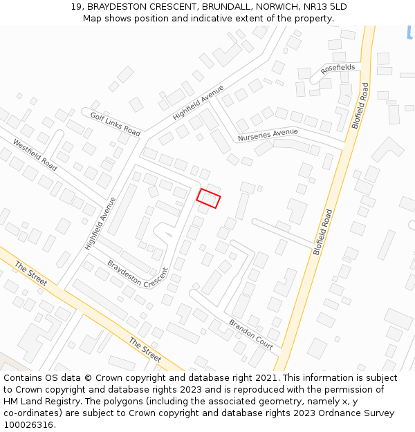 19, BRAYDESTON CRESCENT, BRUNDALL, NORWICH, NR13 5LD: Location map and indicative extent of plot