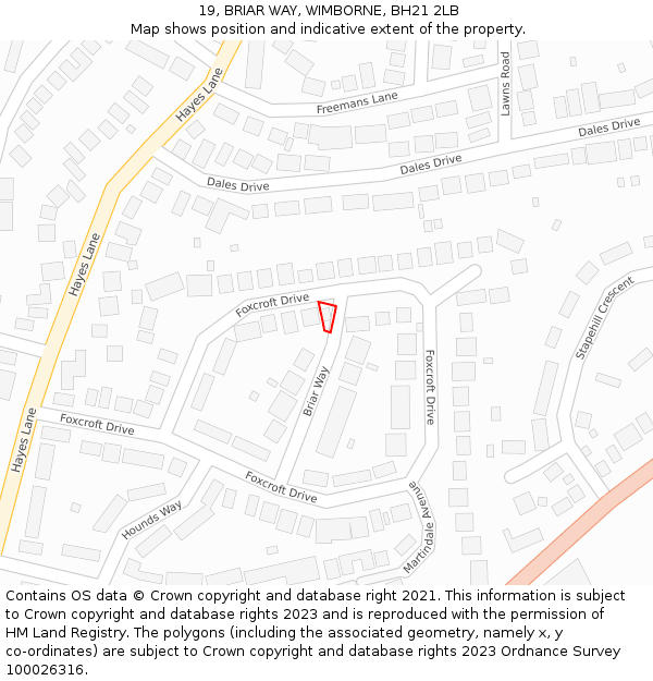 19, BRIAR WAY, WIMBORNE, BH21 2LB: Location map and indicative extent of plot