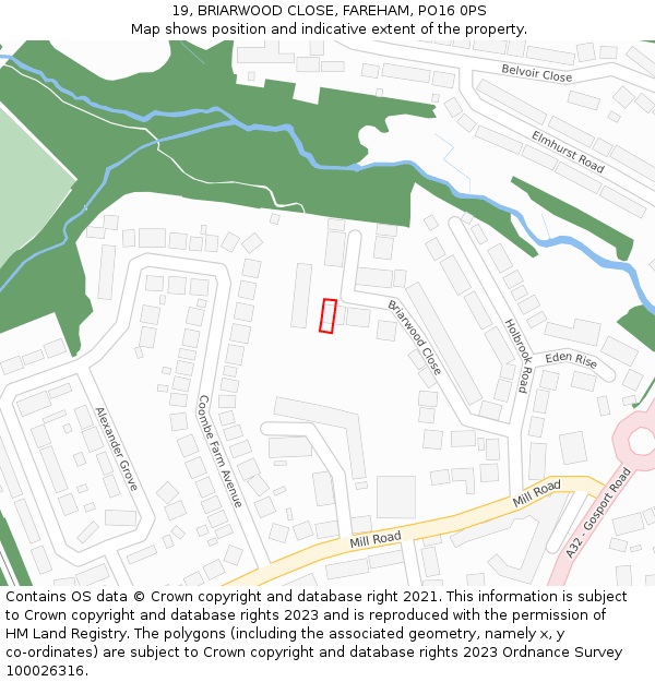 19, BRIARWOOD CLOSE, FAREHAM, PO16 0PS: Location map and indicative extent of plot