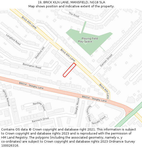 19, BRICK KILN LANE, MANSFIELD, NG18 5LA: Location map and indicative extent of plot