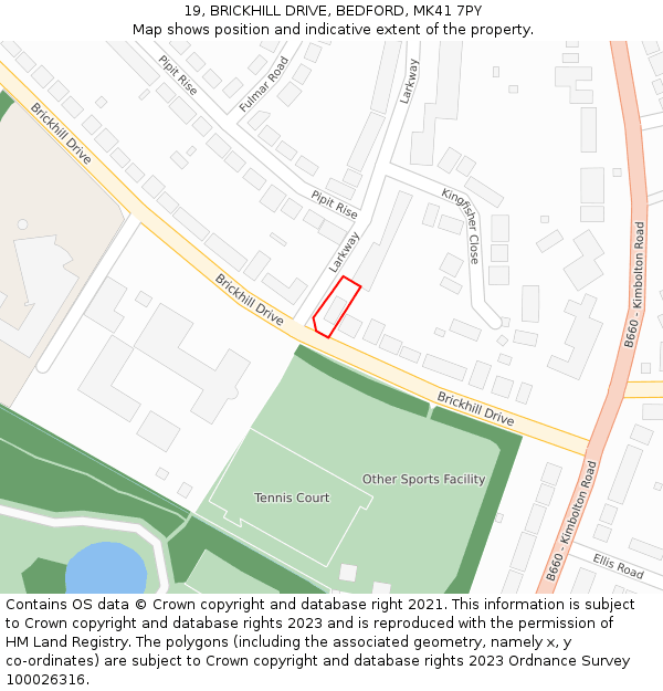 19, BRICKHILL DRIVE, BEDFORD, MK41 7PY: Location map and indicative extent of plot
