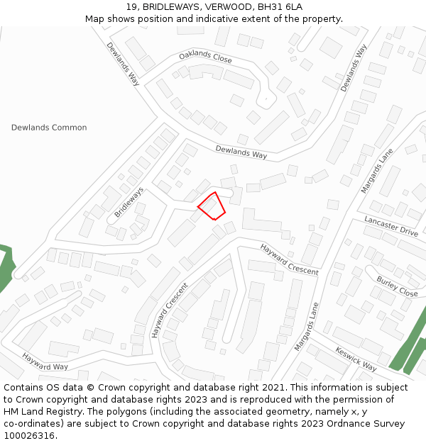 19, BRIDLEWAYS, VERWOOD, BH31 6LA: Location map and indicative extent of plot