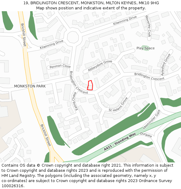 19, BRIDLINGTON CRESCENT, MONKSTON, MILTON KEYNES, MK10 9HG: Location map and indicative extent of plot