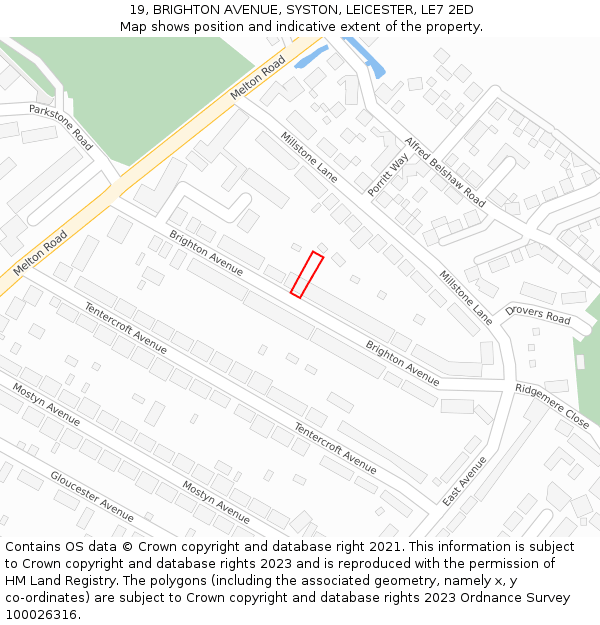 19, BRIGHTON AVENUE, SYSTON, LEICESTER, LE7 2ED: Location map and indicative extent of plot
