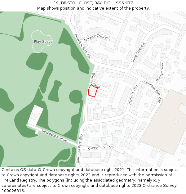 19, BRISTOL CLOSE, RAYLEIGH, SS6 9RZ: Location map and indicative extent of plot