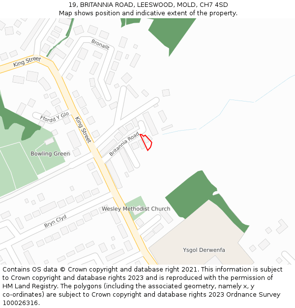 19, BRITANNIA ROAD, LEESWOOD, MOLD, CH7 4SD: Location map and indicative extent of plot