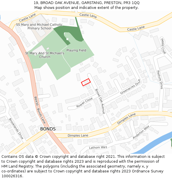 19, BROAD OAK AVENUE, GARSTANG, PRESTON, PR3 1QQ: Location map and indicative extent of plot