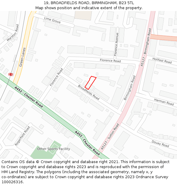 19, BROADFIELDS ROAD, BIRMINGHAM, B23 5TL: Location map and indicative extent of plot
