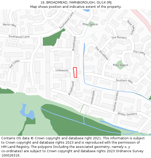 19, BROADMEAD, FARNBOROUGH, GU14 0RJ: Location map and indicative extent of plot