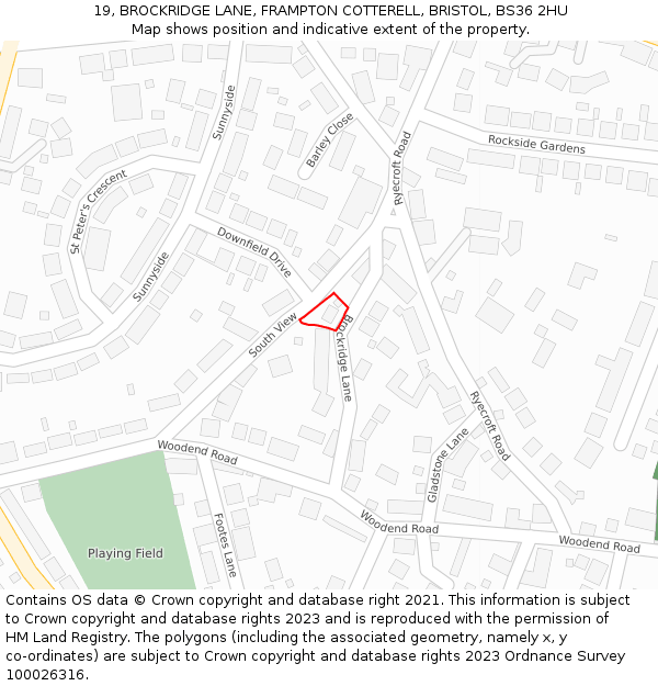 19, BROCKRIDGE LANE, FRAMPTON COTTERELL, BRISTOL, BS36 2HU: Location map and indicative extent of plot