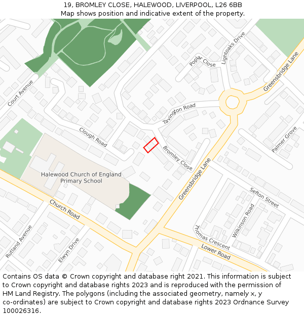 19, BROMLEY CLOSE, HALEWOOD, LIVERPOOL, L26 6BB: Location map and indicative extent of plot