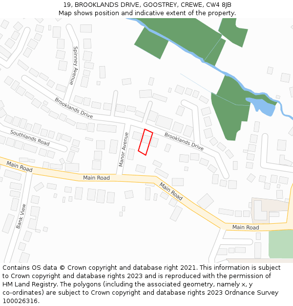 19, BROOKLANDS DRIVE, GOOSTREY, CREWE, CW4 8JB: Location map and indicative extent of plot