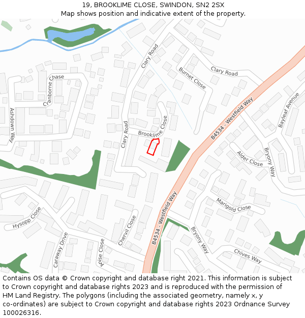 19, BROOKLIME CLOSE, SWINDON, SN2 2SX: Location map and indicative extent of plot