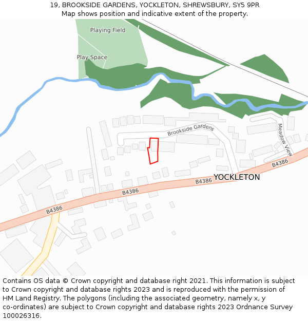 19, BROOKSIDE GARDENS, YOCKLETON, SHREWSBURY, SY5 9PR: Location map and indicative extent of plot