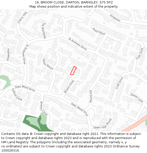 19, BROOM CLOSE, DARTON, BARNSLEY, S75 5PZ: Location map and indicative extent of plot