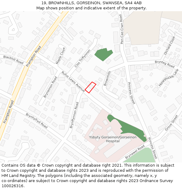 19, BROWNHILLS, GORSEINON, SWANSEA, SA4 4AB: Location map and indicative extent of plot