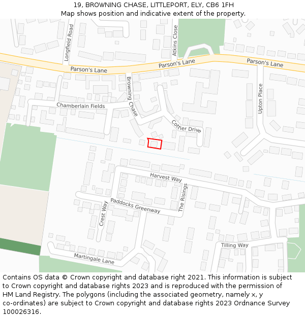 19, BROWNING CHASE, LITTLEPORT, ELY, CB6 1FH: Location map and indicative extent of plot