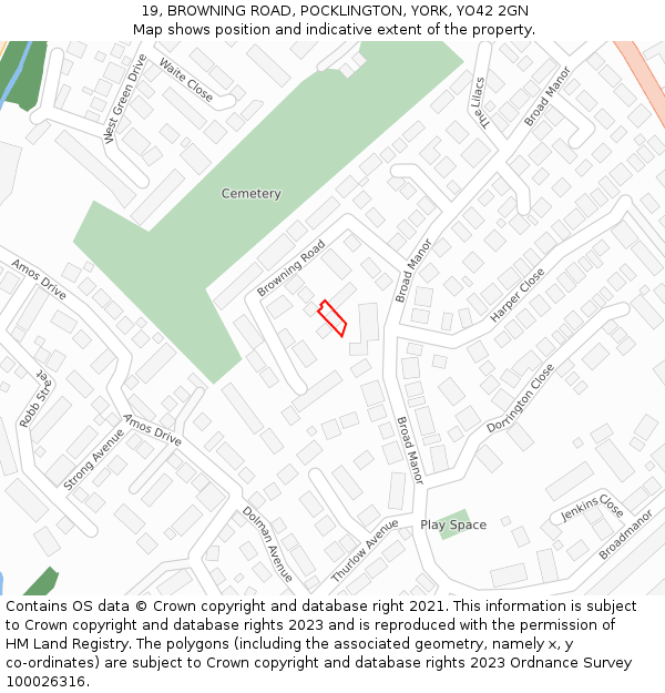 19, BROWNING ROAD, POCKLINGTON, YORK, YO42 2GN: Location map and indicative extent of plot