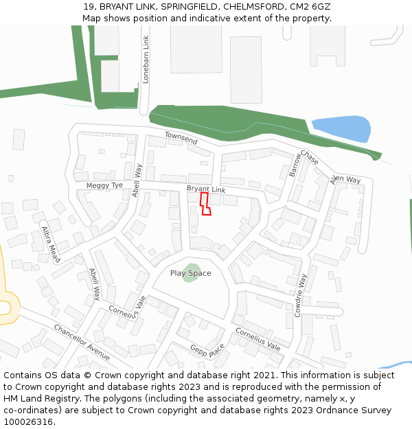 19, BRYANT LINK, SPRINGFIELD, CHELMSFORD, CM2 6GZ: Location map and indicative extent of plot