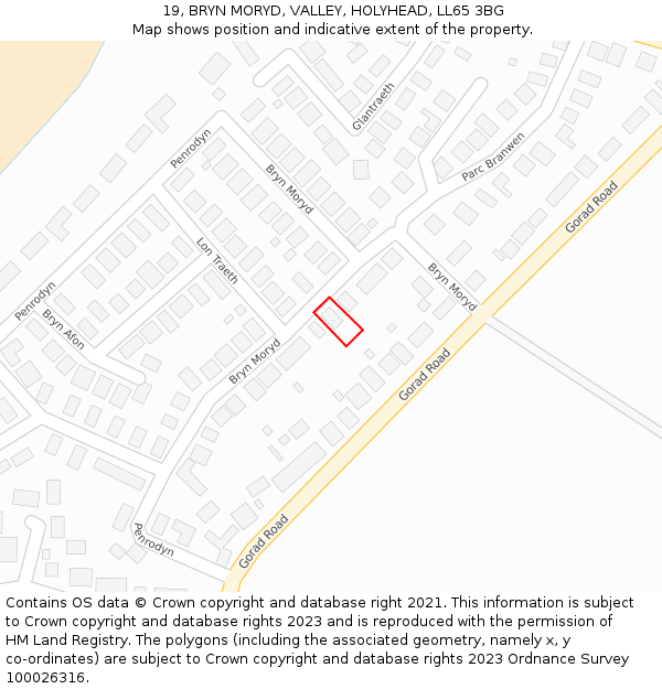 19, BRYN MORYD, VALLEY, HOLYHEAD, LL65 3BG: Location map and indicative extent of plot