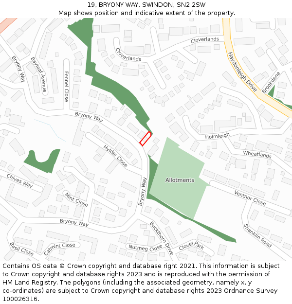 19, BRYONY WAY, SWINDON, SN2 2SW: Location map and indicative extent of plot