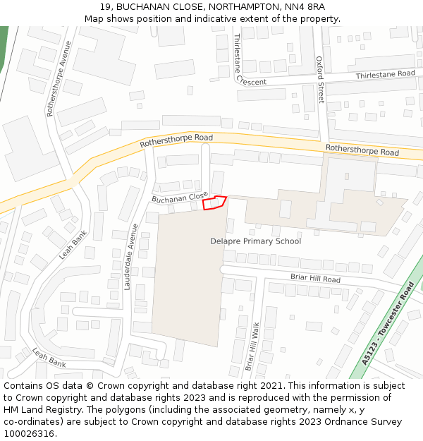 19, BUCHANAN CLOSE, NORTHAMPTON, NN4 8RA: Location map and indicative extent of plot