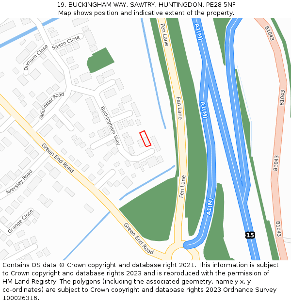 19, BUCKINGHAM WAY, SAWTRY, HUNTINGDON, PE28 5NF: Location map and indicative extent of plot