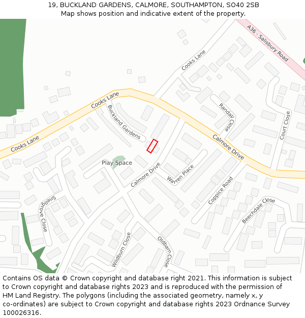 19, BUCKLAND GARDENS, CALMORE, SOUTHAMPTON, SO40 2SB: Location map and indicative extent of plot