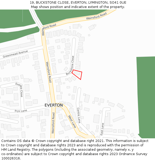 19, BUCKSTONE CLOSE, EVERTON, LYMINGTON, SO41 0UE: Location map and indicative extent of plot