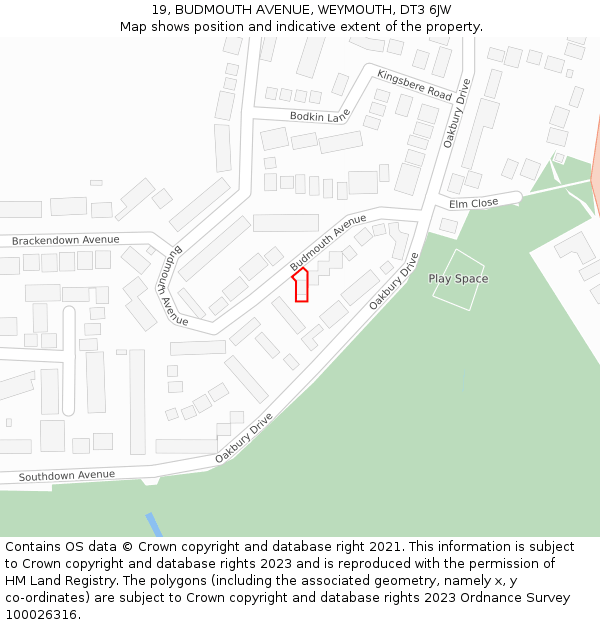 19, BUDMOUTH AVENUE, WEYMOUTH, DT3 6JW: Location map and indicative extent of plot