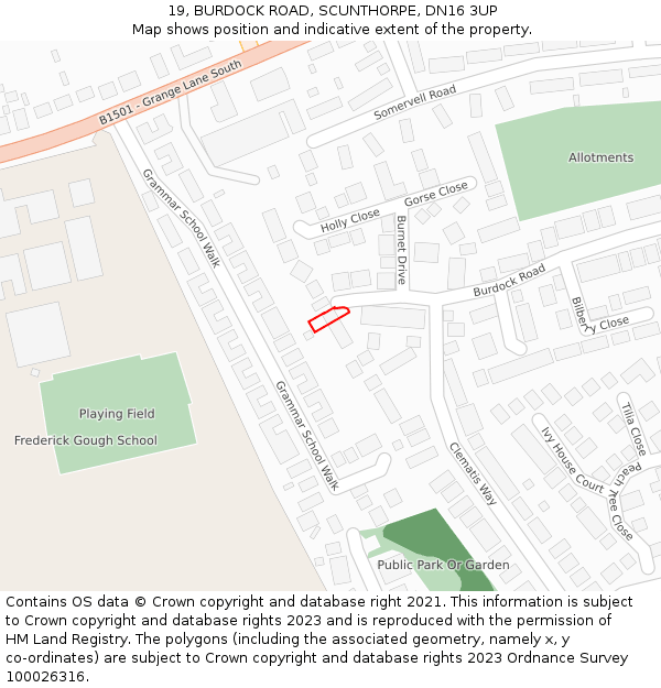 19, BURDOCK ROAD, SCUNTHORPE, DN16 3UP: Location map and indicative extent of plot