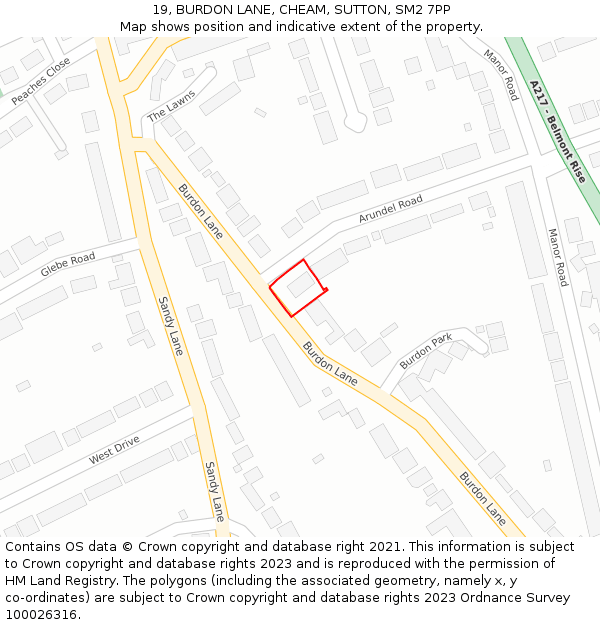 19, BURDON LANE, CHEAM, SUTTON, SM2 7PP: Location map and indicative extent of plot