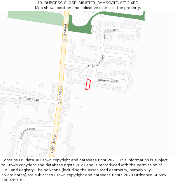 19, BURGESS CLOSE, MINSTER, RAMSGATE, CT12 4BD: Location map and indicative extent of plot