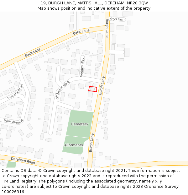 19, BURGH LANE, MATTISHALL, DEREHAM, NR20 3QW: Location map and indicative extent of plot
