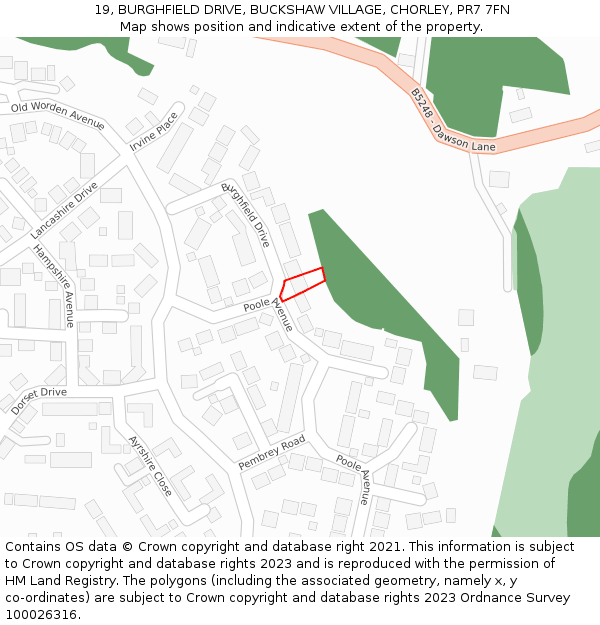 19, BURGHFIELD DRIVE, BUCKSHAW VILLAGE, CHORLEY, PR7 7FN: Location map and indicative extent of plot