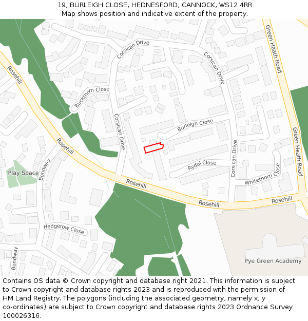 19, BURLEIGH CLOSE, HEDNESFORD, CANNOCK, WS12 4RR: Location map and indicative extent of plot