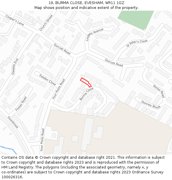 19, BURMA CLOSE, EVESHAM, WR11 1GZ: Location map and indicative extent of plot