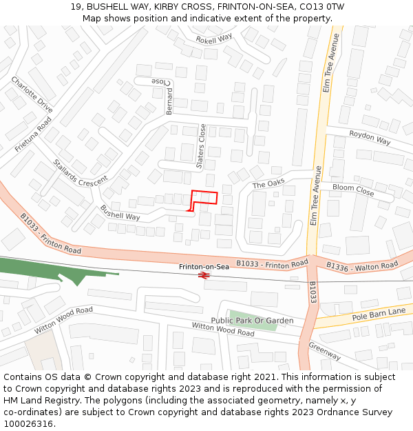 19, BUSHELL WAY, KIRBY CROSS, FRINTON-ON-SEA, CO13 0TW: Location map and indicative extent of plot