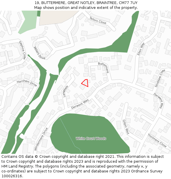 19, BUTTERMERE, GREAT NOTLEY, BRAINTREE, CM77 7UY: Location map and indicative extent of plot