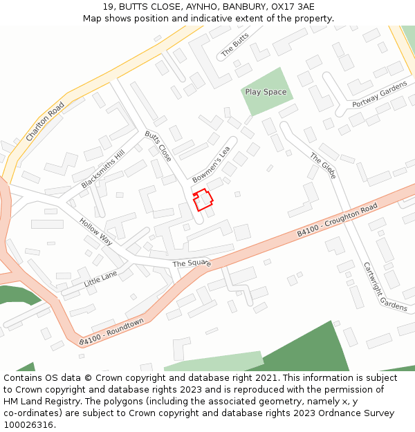 19, BUTTS CLOSE, AYNHO, BANBURY, OX17 3AE: Location map and indicative extent of plot